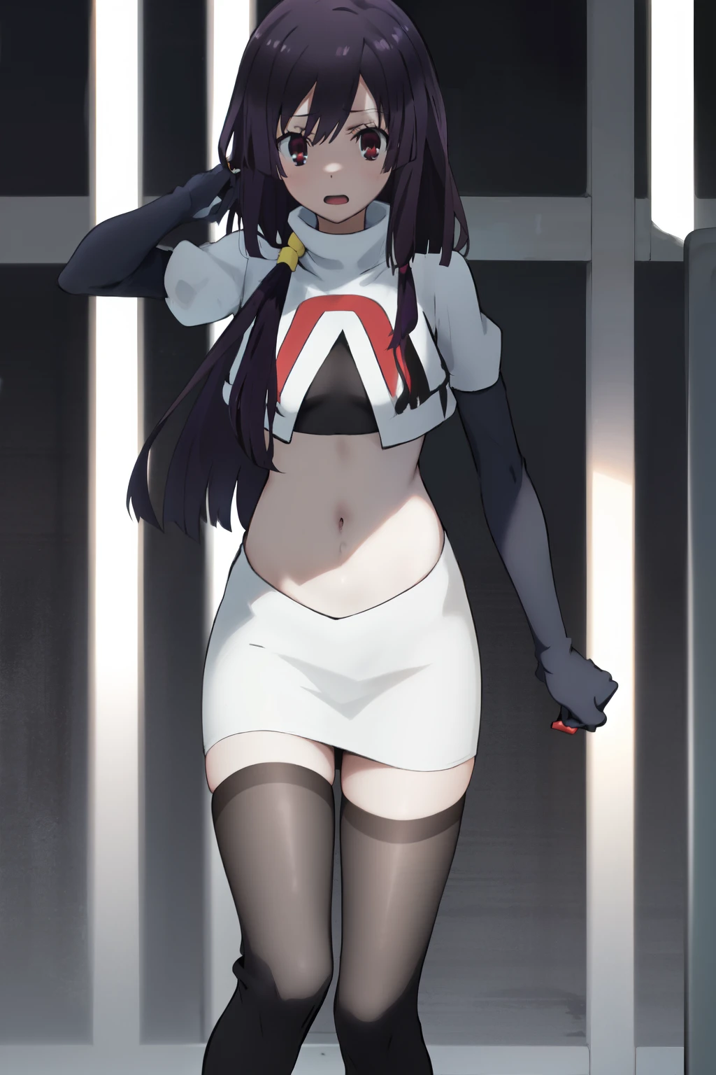 natsume, 1girl, crossdress-hairstyle, magic, highres, absurdres,team rocket,team rocket uniform,white skirt,red letter R,crop top,black thigh-highs,black elbow gloves