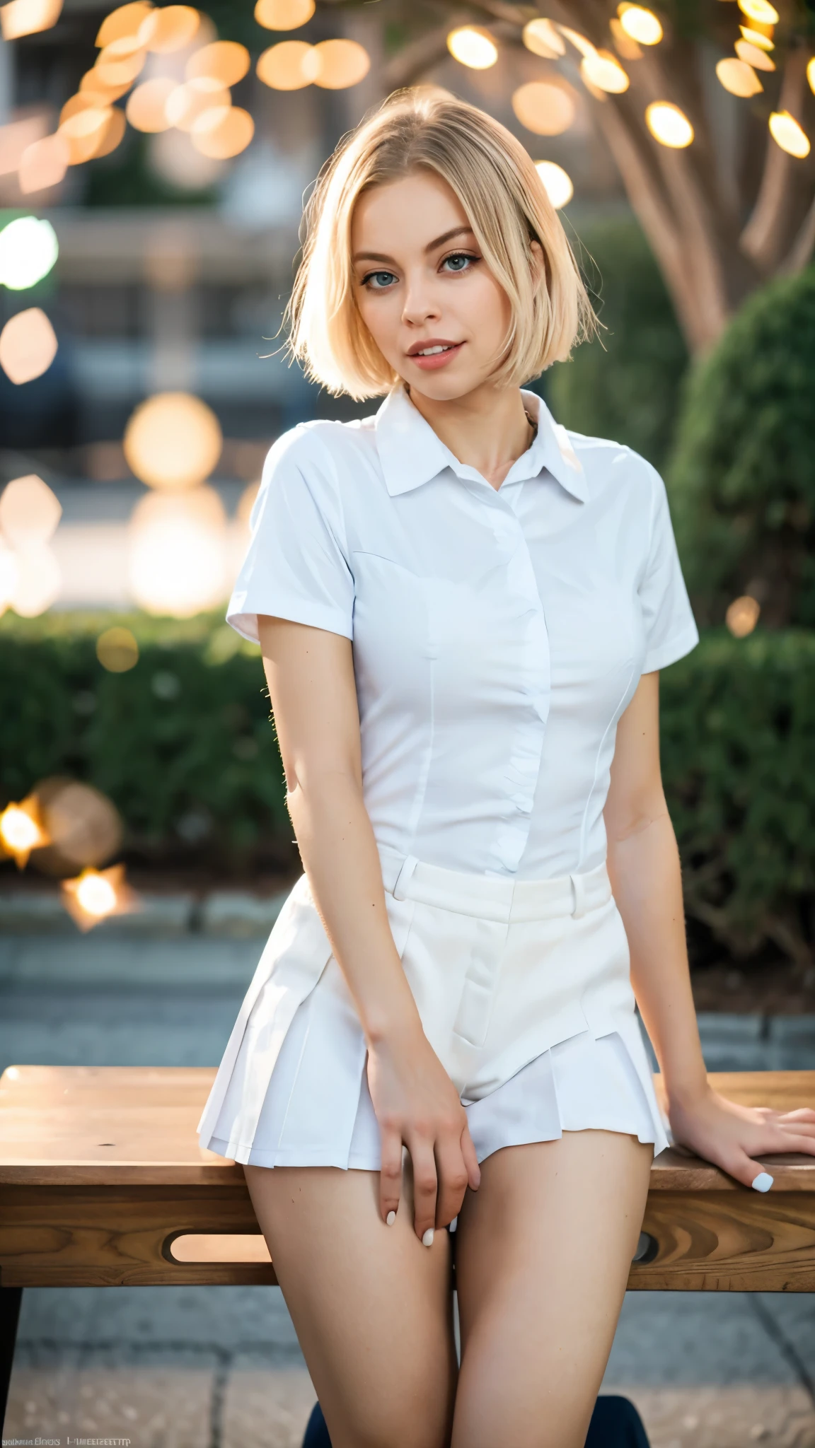 full body, posing, (angle from front:-0.8), (Professional lighting, light on face), 1 girl, perfect body, looking at viewer, cute little, slim body, (extremely detailed eye and face, beautiful detailed nose, Beautiful detailed eyes), (beauty knee, white thighs),  japanese high school student woman, (classroom, wooden desk and wooden chair), ((School Uniform, Short sleeve uniform white shirt)), 18 years old, blonde hair, (bob or short hair or semi long hair, hair sidelocks), (Bokeh:1.5)