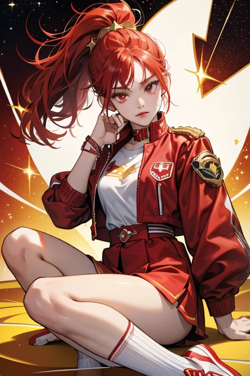 Astra’s theme color is red. She is a teenage girl with fair skin, red eyes, lips, and hair held into a high ponytail. Her outfit consists of a red jacket trimmed with yellow and rolled up sleeves, a red dress underneath with the word, “star”, white socks, and red sneakers. Her accessories are her star-charmed wristbands. SPARKLE; GLITTER
