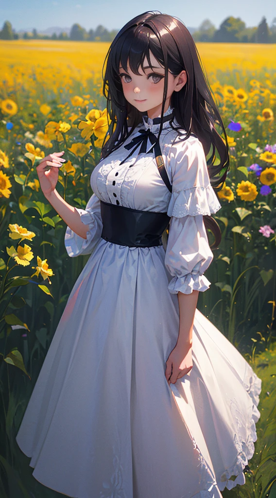 a woman in the background surrounded by a field of flowers