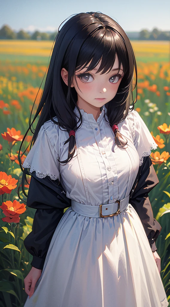 a woman in the background surrounded by a field of flowers