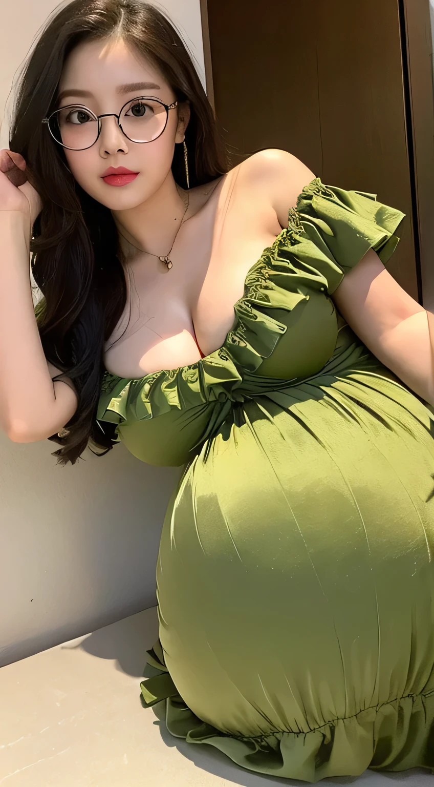 Boa_hancock, huge_breasts , best quality, ruffles_satin_dress , light_olive_satin_dress , big_ass , pregnant , wearing glasses , big pregnant , off tge shoulder dress
