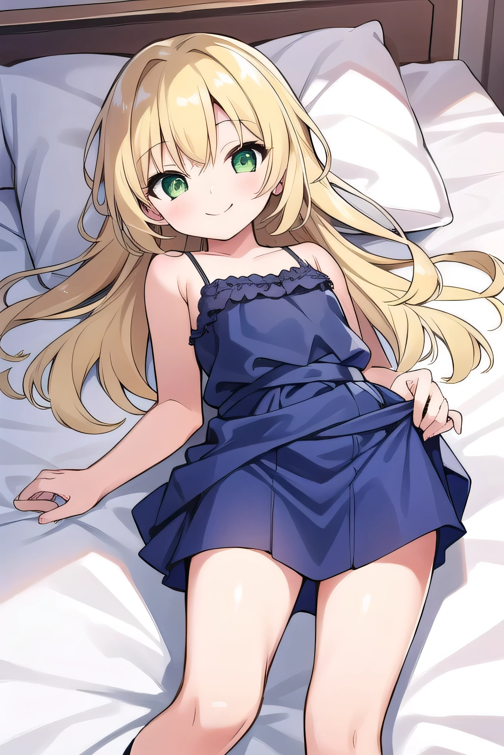 Blonde, elementary school student, green eyes, long hair to the waist, elementary school student, kind smile, short, 9 years old, 135cm tall, hair hanging outside,Satin Cami,bed,lying on back