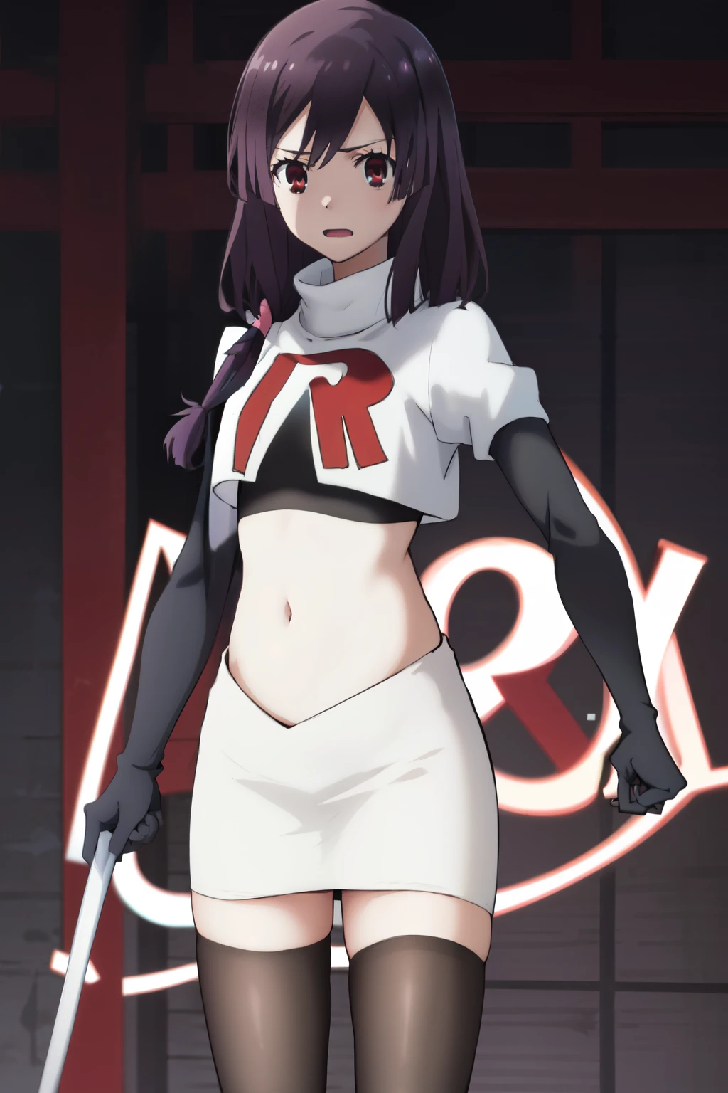 natsume, 1girl, crossdress-hairstyle, magic, highres, absurdres,team rocket,team rocket uniform,white skirt,red letter R,crop top,black thigh-highs,black elbow gloves