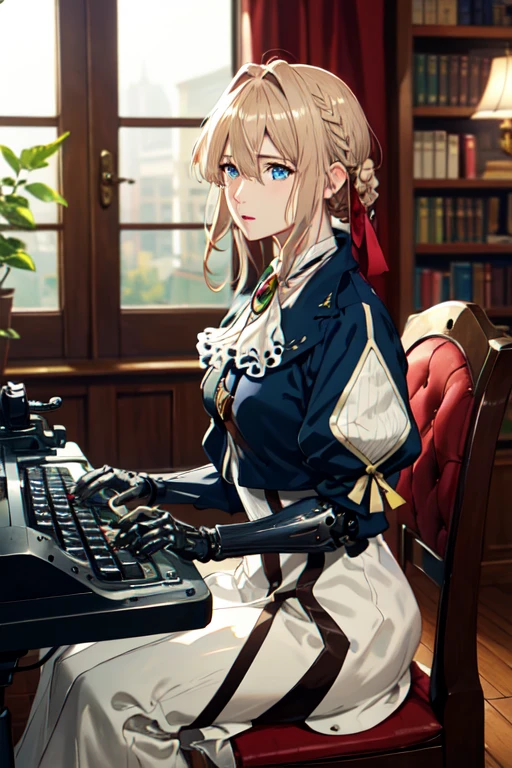 (masterpiece:1.2) , (best quality:1.2) , (ultra-detailed:1.2) ,photorealistic,super realistic 8K,shiny skin, detailed skin, detailed face, detailed eyes, detailed cloth texture,professional lighting,the most beautiful face,violet evergarden, Braid, hair ribbon, red ribbon, jewelry, white ascot, brooch, blue jacket, long sleeve, mechanical prosthetic hands,white dress, long dress,sitting chair,typing on a typewriter with mechanical prosthetic hands:1.2,very elaborate prosthetic hands,library,serious,soft shadow,angle from side,pov
