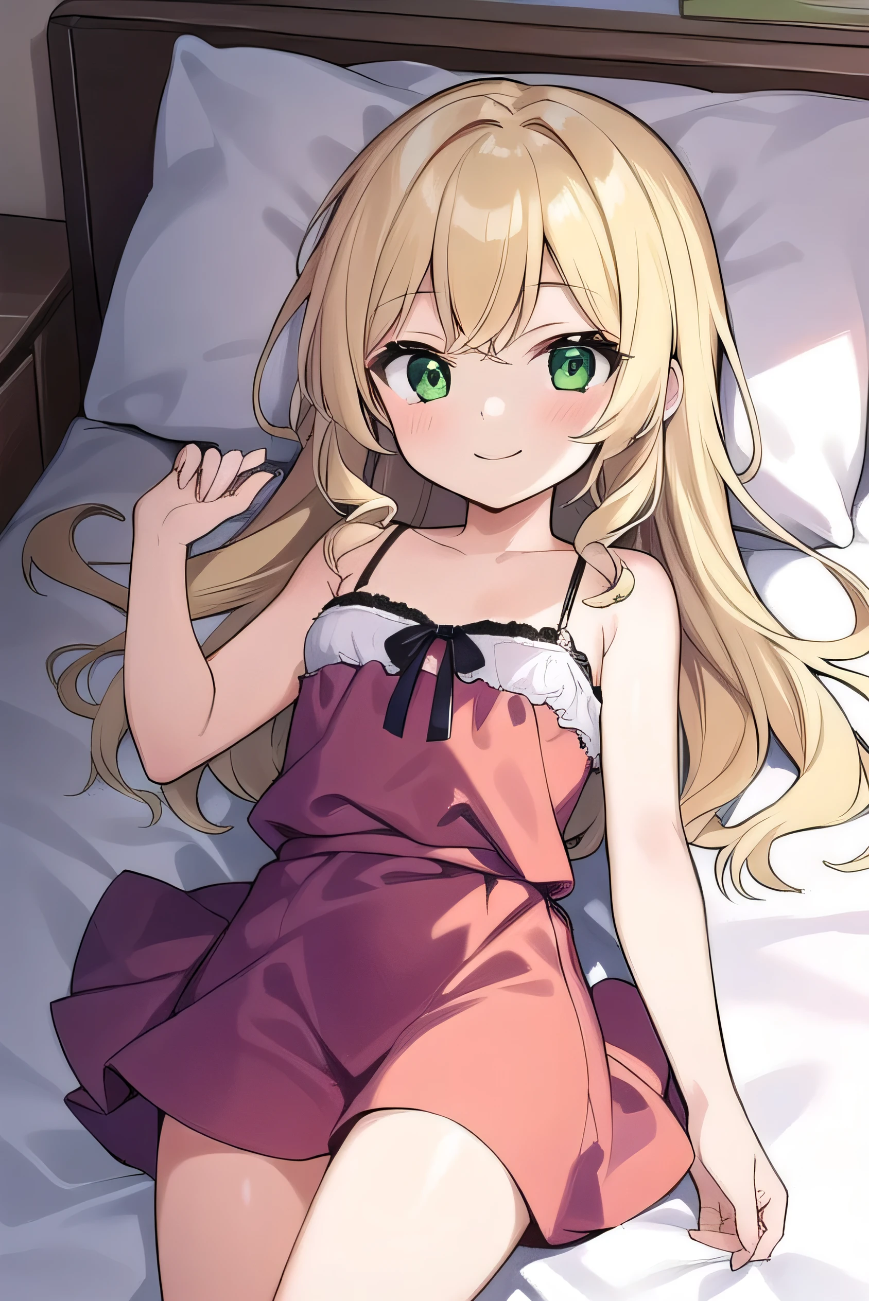 Blonde, elementary school student, green eyes, long hair to the waist, elementary school student, kind smile, short, 9 years old, 135cm tall, hair hanging outside,Satin Cami,bed,lying on back