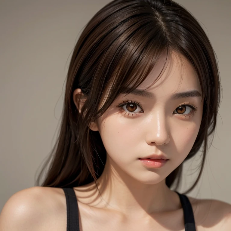japanese girl with orange eyes and brown hair closeup face shot, best quality, ultra realistic, perfect body, beautiful face