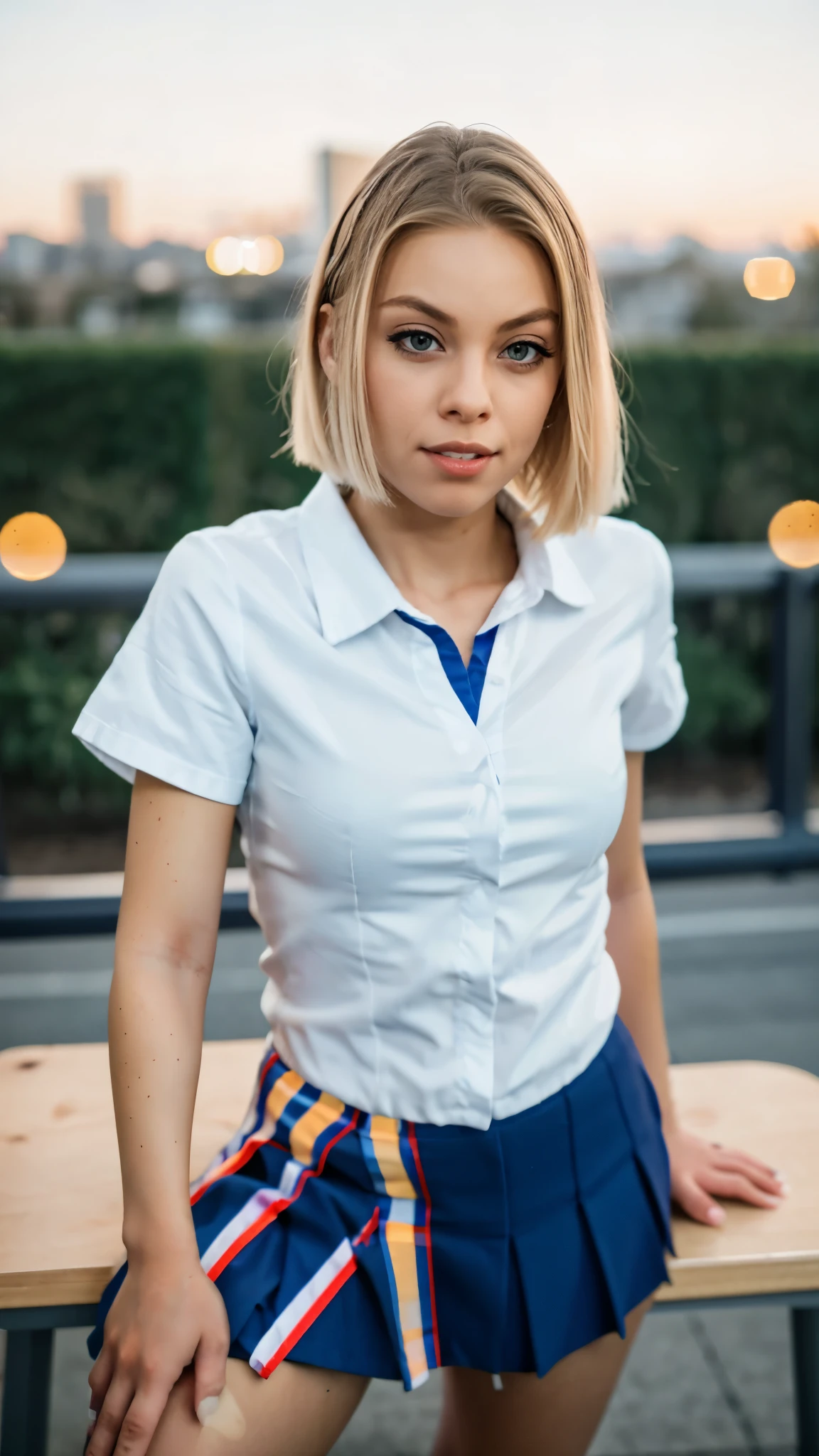 full body, posing, (angle from front:-0.8), (Professional lighting, light on face), 1 girl, perfect body, looking at viewer, cute little, slim body, (extremely detailed eye and face, beautiful detailed nose, Beautiful detailed eyes), (beauty knee, white thighs),  japanese high school student woman, (classroom, wooden desk and wooden chair), ((School Uniform, Short sleeve uniform white shirt)), 18 years old, blonde hair, (bob or short hair or semi long hair, hair sidelocks), (Bokeh:1.5)