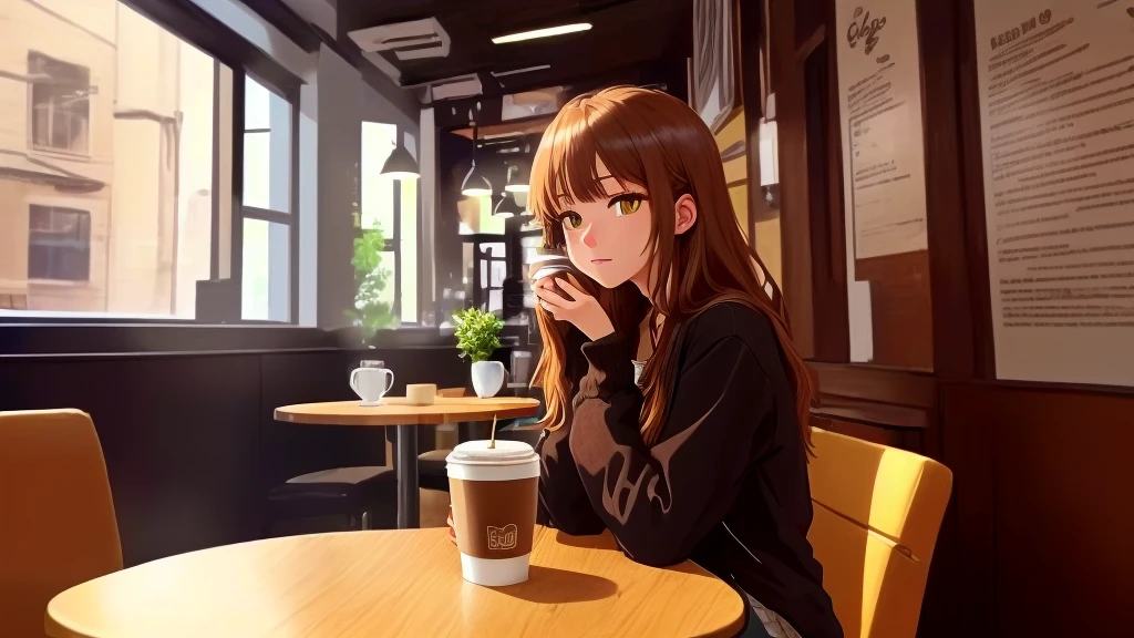there is a coffee cup sitting on a table in a coffee shop, Cafe interior, coffee shop, in a coffee shop, cozy Cafe background, Cafe, sitting in a Cafe, mysterious coffee shop girl, Detailed Scene, in a bright Cafe, Cat drinking coffee, sitting alone in a Cafe, Animation-style rendering, Painted in an anime artist&#39;s studio, Random background scenes