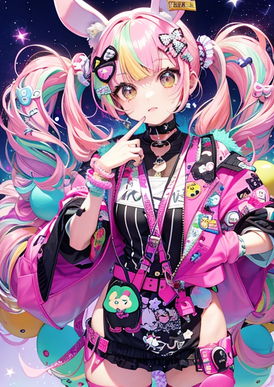"Single women with decora street fashion inspired looks, Rocking the crazy Harajuku style. She is wearing leg warmers and platform shoes., She has cute pigtails. Set at night, hairpin, accessories, Bunny ears with pattern on the inside, Striped "