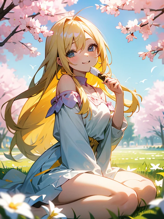 Smiling with eyes and mouth open、A pretty blonde girl sitting in a wariza in a flower park。She had her long hair blowing in the wind、Surrounding flowers々Surrounded by the scent of。That smile is、As warm as the spring sunshine、Gives a pleasant feeling of happiness。She is such a、White off-shoulder、Wearing a miniskirt、It's like a single flower blooming in the park.、Cleavage。Panty Shot、Show white panties。Expand your imagination、What charm will her smile have in this landscape?、Picture it。