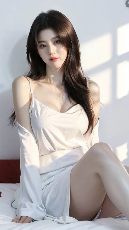 8k, girl, long Hair). Wearing white oversize t-shirt,, show shoulders, cleavage, show big thigh, natural big brseast, plumpy body,sitting on the bed.