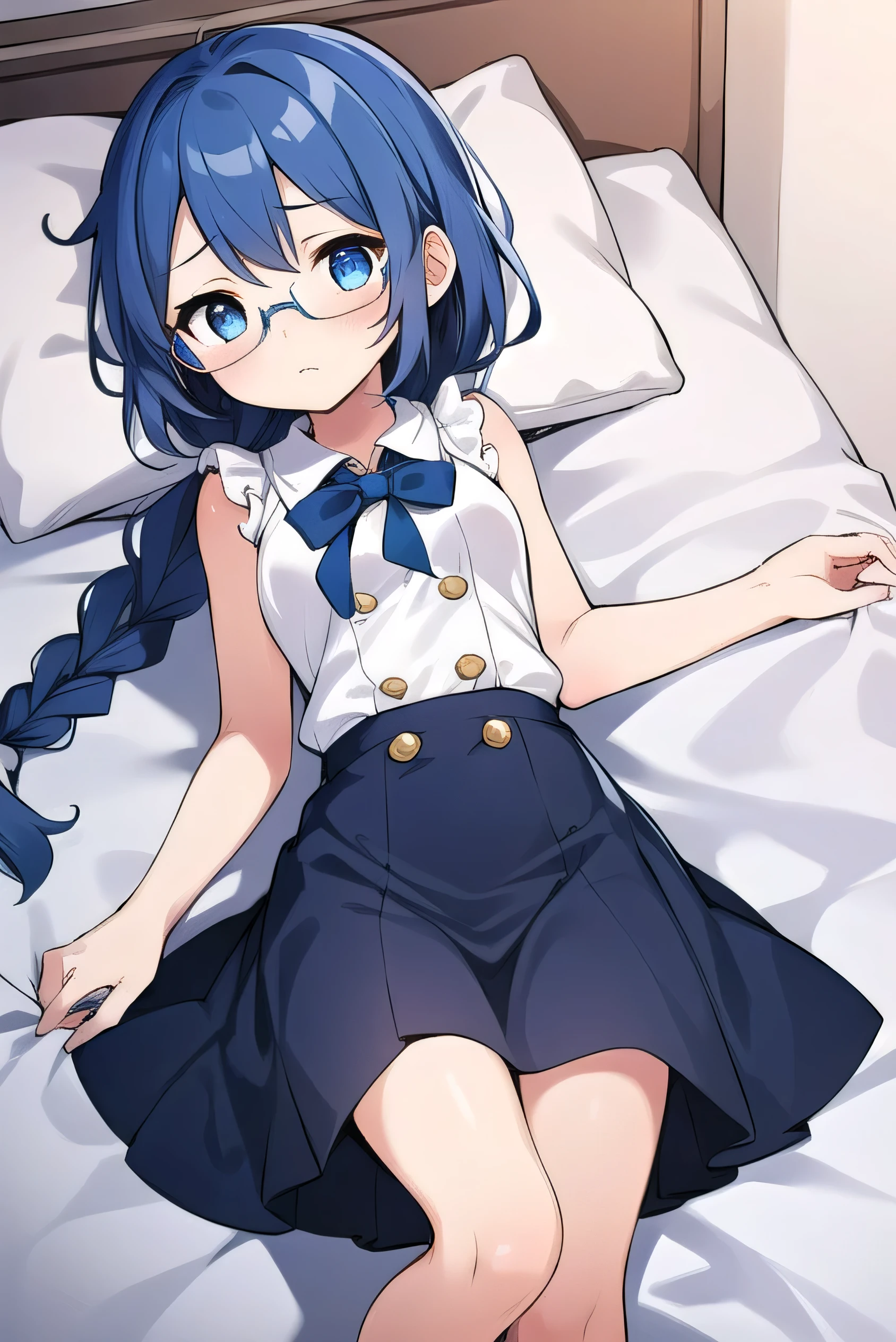 small breasted girl, short, elementary school student, blue hair, fishtail braid, blue eyes, round eyes, shy, shy, , short, young face, short height, , glasses with no edges,Lingerie Set,bed,bed,lying on back
