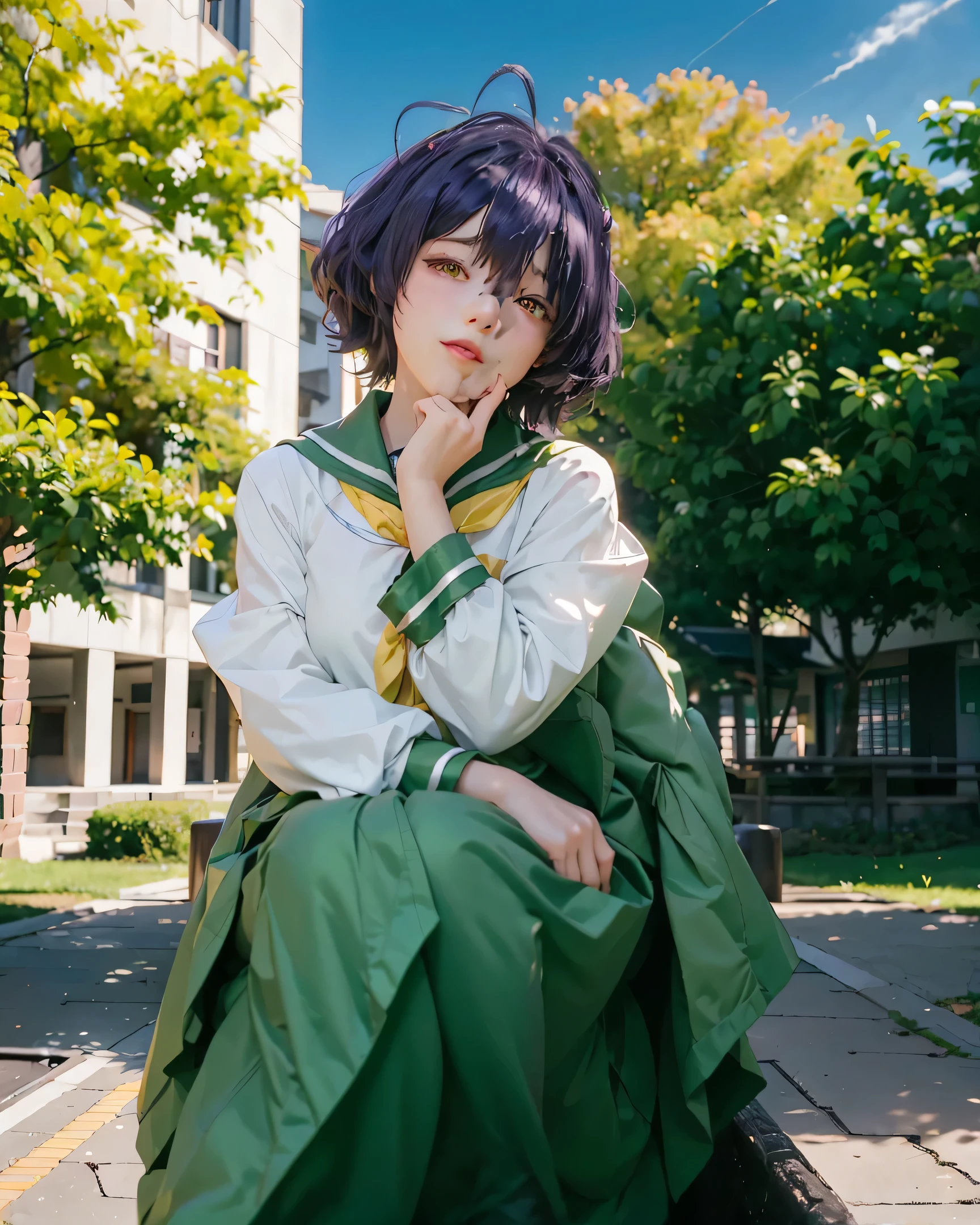 ( HIIRAGI UTENA_MAHOU SHOUJO NI AKOGARETE),((realistic, photorealistic)),(highlight hair)), Light reflection, (( HD )),((upper body)), (((best quality, masterpiece))), (masterpiece) (best quality) (detail) (8k) (HDR) (wallpaper) (cinematic lighting) (sharp focuasterpiece, best quality: 1.1), Real life adaption of this character, Asian beauty face, Shining Purple eyes, realistic outfit, realistic shadow, realistic light, realism, hyper realistic, realistic background,realistic hair,Blackish purple hair,(photorealistic:1.2), 1girl,Background of trees in Japan, buildings in Japan, playgrounds in Japan, Japanese school clothes, seifuku,Yellow eyes,
