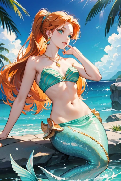 Athena is a stunningly beautiful mermaid with long, reddish-orange hair tied in a partial low ponytail, green eyes, and an aqua green tail. She wears a lavender seashell bikini top and several gold accessories: a five-pointed crown resembling a sea star (like Triton's but smaller), pearl-shaped earrings, and a necklace with a periwinkle purple seashell. SPARKLE; GLITTER