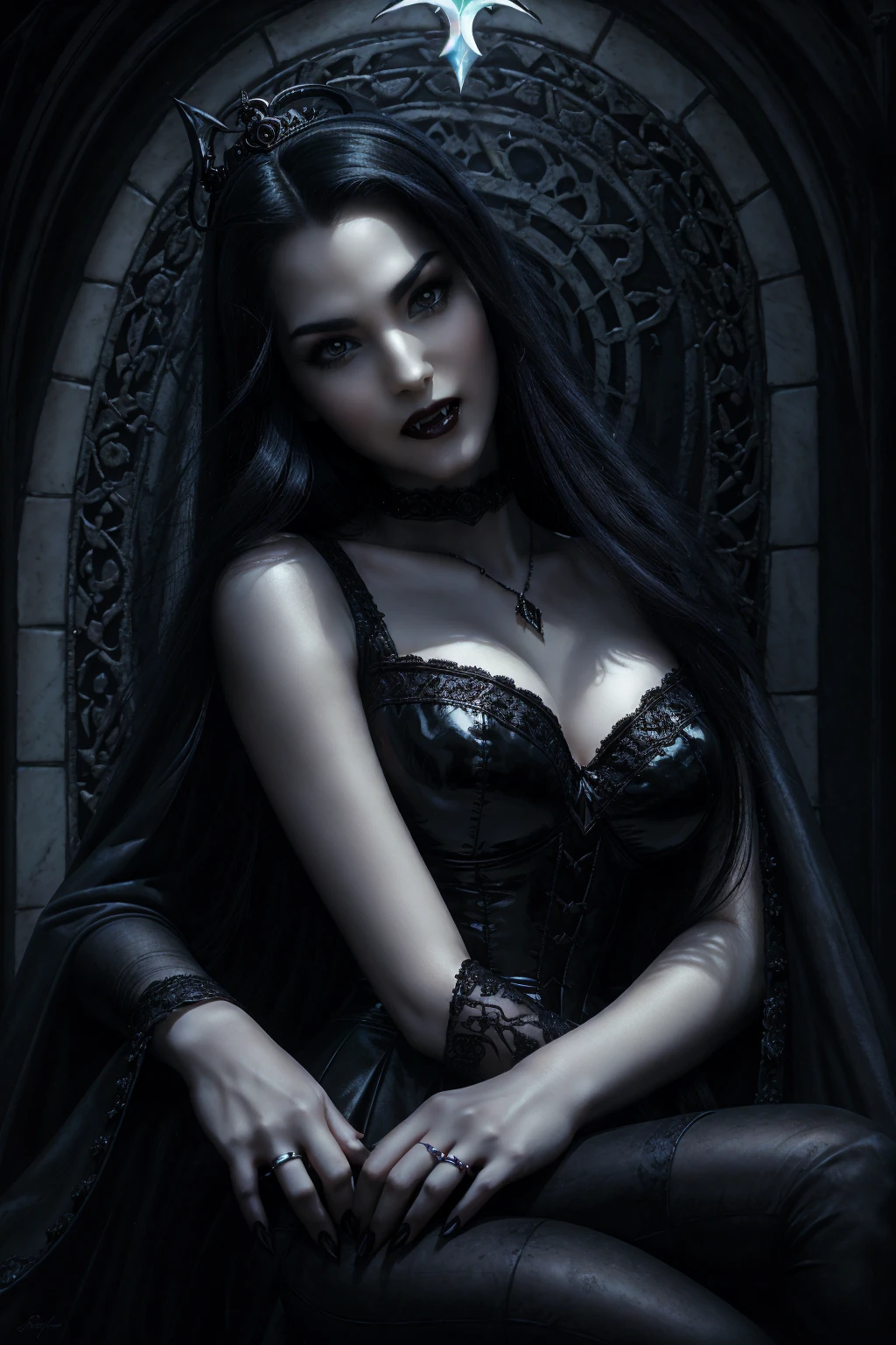 absurdres, ((stunning female Vampire))), goth Renaissance, (long black hair:1.erfect and detailed angular sharp oval shaped face, ((redeyes)), jewelry, red and black tetradic colors, full lips, gothic castle background, (solo), perfect anatomy, approaching perfection, ethereal, intricate details, ultra-high definition, 12k resolution, goth aesthetic, smooth, sharp focus, dreamy, glowing, backlit, glamour, glimmer, fantastical, shadows, smooth, Gothic crown, laying on the ground, perfect hands