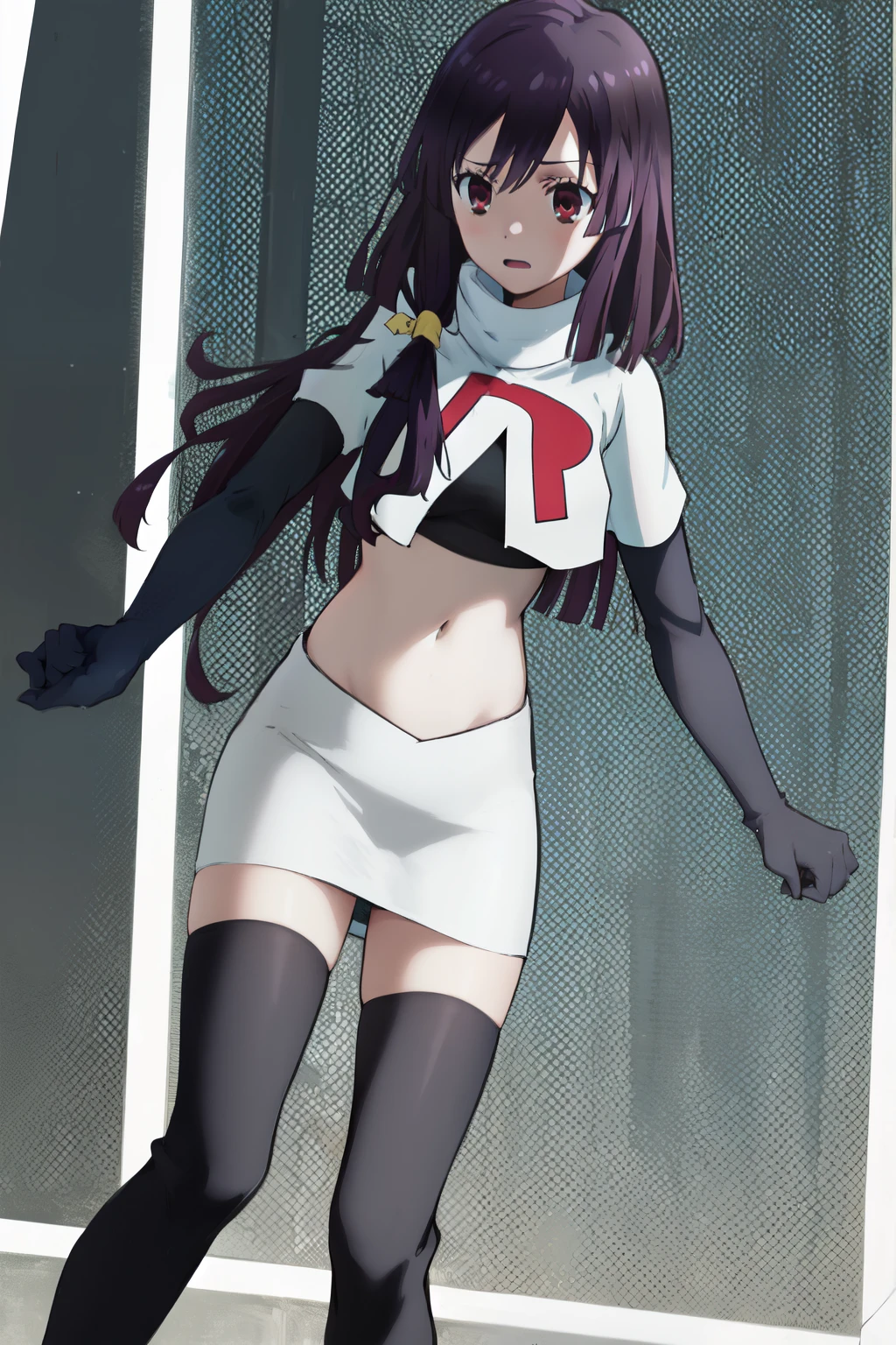 natsume, 1girl, crossdress-hairstyle, magic, highres, absurdres,team rocket,team rocket uniform,white skirt,red letter R,crop top,black thigh-highs,black elbow gloves