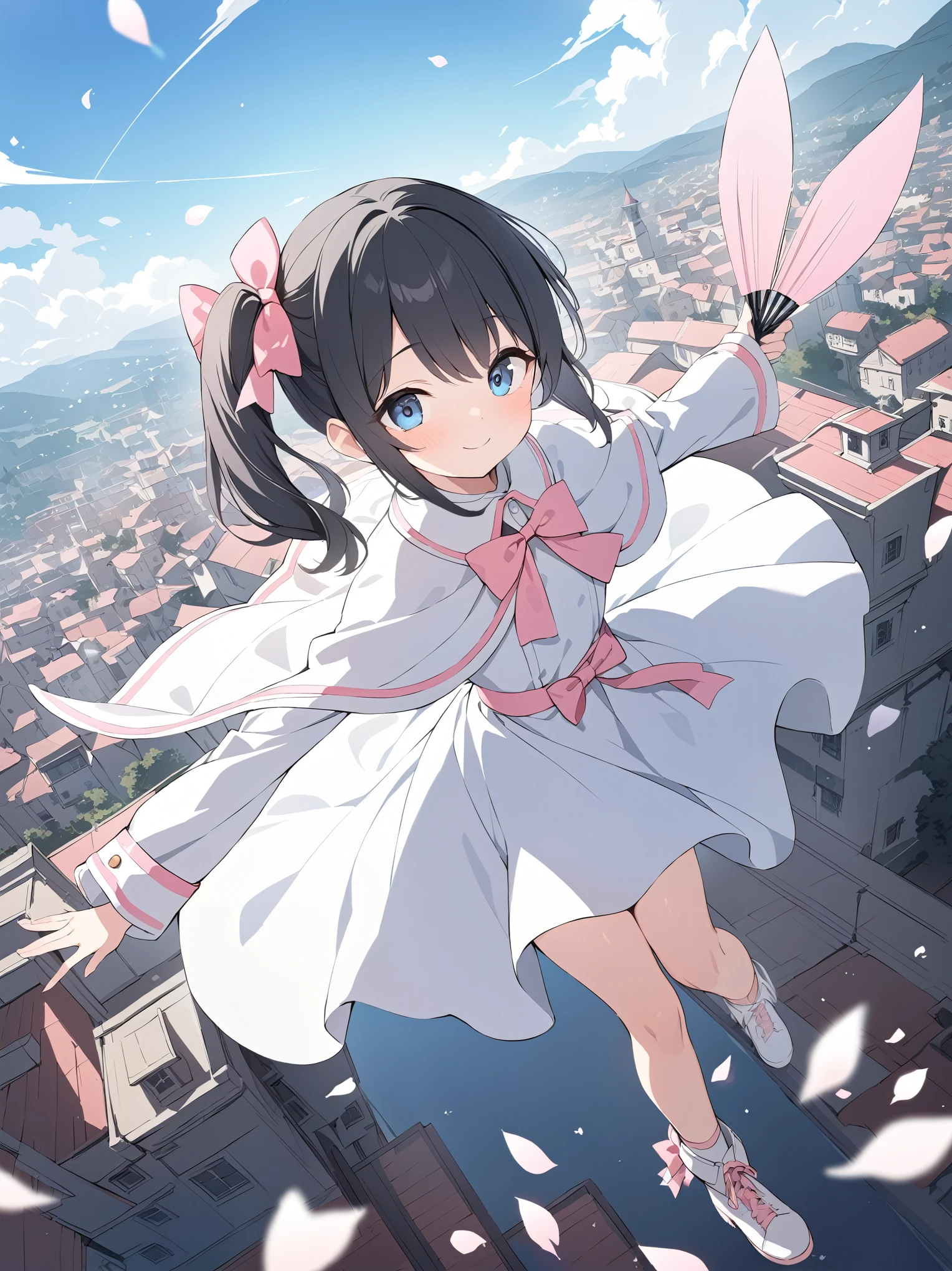 best quality, masterpiece, ultra resolution, super details, anatomically correct, full body, 1 girl, solo, (junior child:1.2), (black hair:1.2), high quality eyes, high quality hands, clear blue eyes, round eyes, (side ponytail on the left:1.4), (short hair), (pink laced ribbon:1.3), white dress, (white caplet:1.3), (large collar bow:1.5), long sleeves, wide cuffs, pink wide waist belt, long skirt, soft ankle boots, kind smile, holding a pair of folding fan, flying above a town, blue sky, warm bleeze, flying flower flakes, high quality background, depth of field, dynamic angle