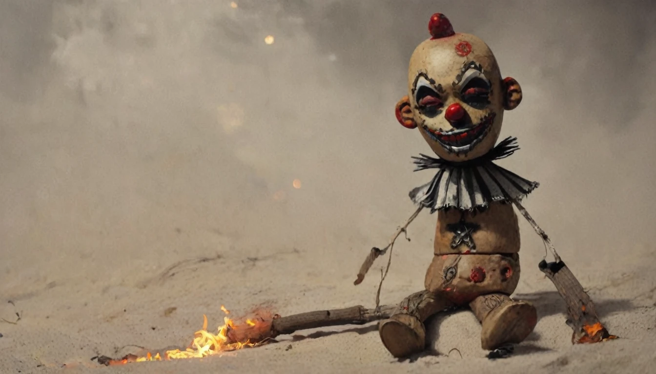 voodstyle, a voodoo clown doll burning on fire, deep shadows, perfect composition, 