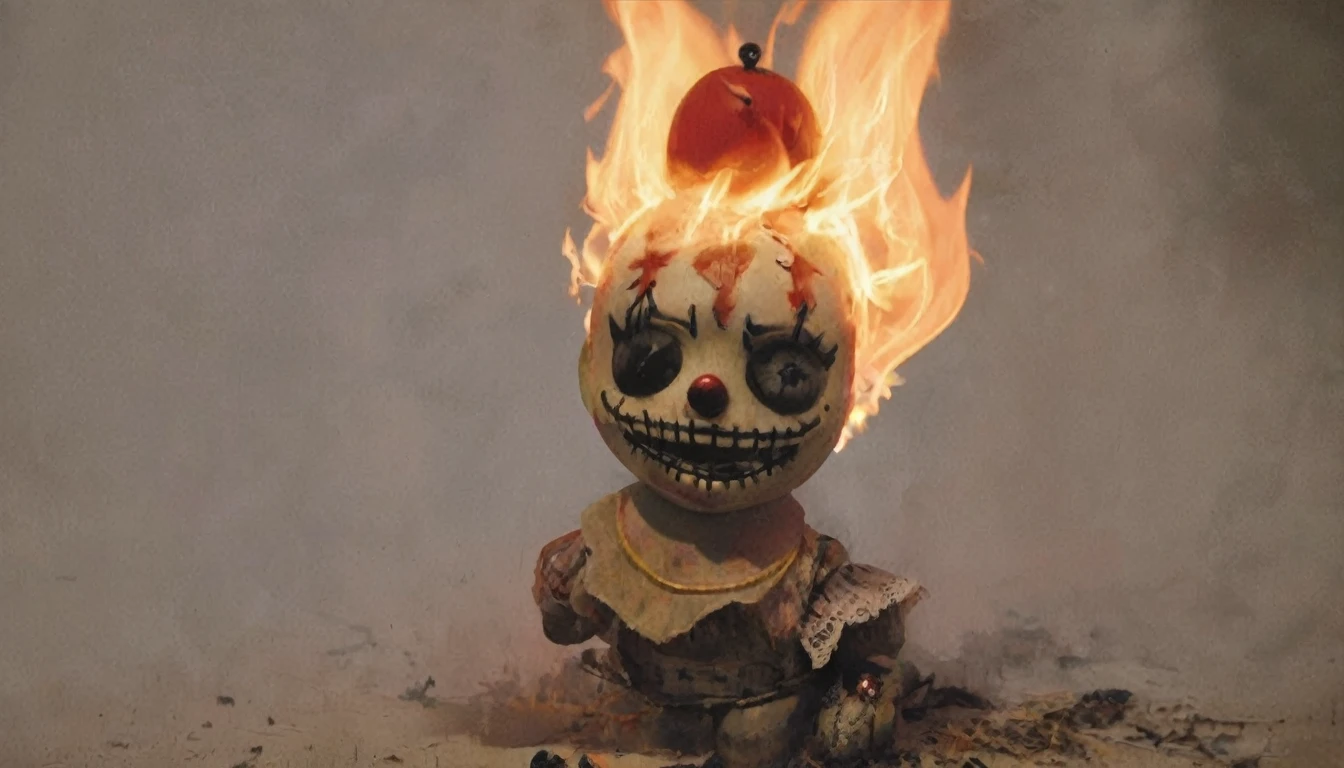 voodstyle, a voodoo clown doll burning on fire, deep shadows, perfect composition, 