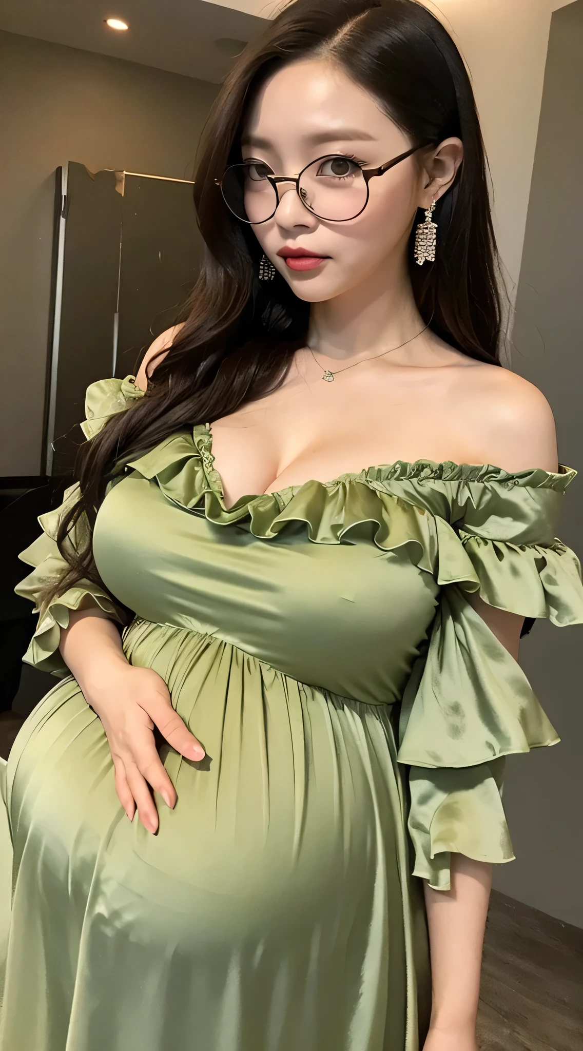 Boa_hancock, huge_breasts , best quality, ruffles_satin_dress , light_olive_satin_dress , big_ass , pregnant , wearing glasses , big pregnant , off tge shoulder dress