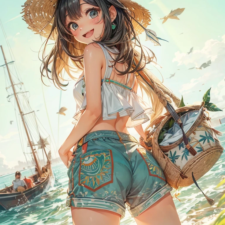 high quality ethnic art flat painting with faint blur, cute avantgarde fashion style, waifu angler girl with summer short pants. lively smile face looking back in sunny relaxed holiday. slender hipline emphasized closeup from below