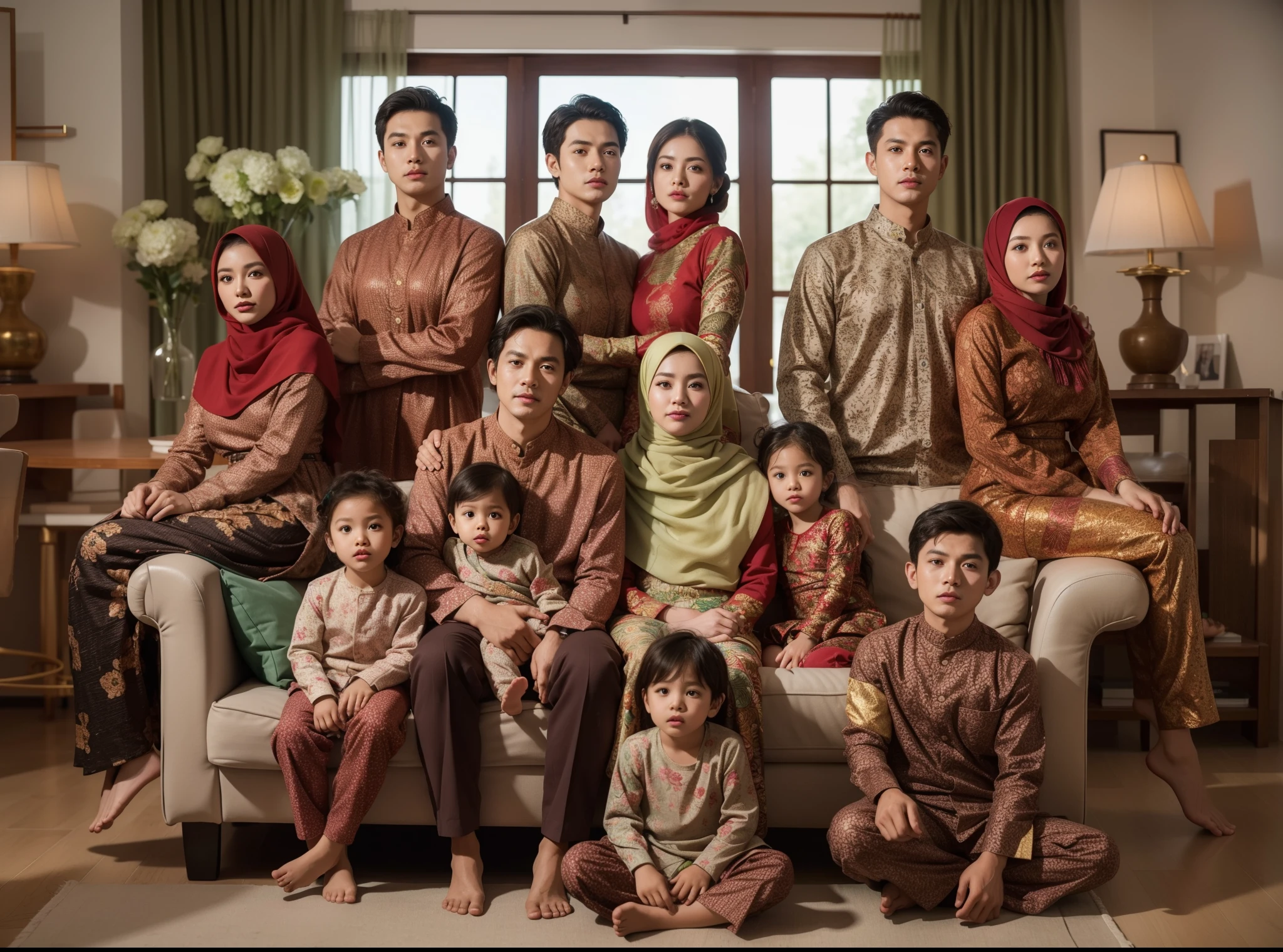 Family photo from Indonesia, twelve members. The father and mother, both 51 years old, are sitting on the sofa holding two 3-year-old children. Three men and three women are standing behind the sofa, and two boys and two girls are sitting in front. They are all wearing matching red and gold BATIK and kebaya, looking elegant, with hijabs styled in a bun. The photo is realistic, ultra HD, with the living room as the background, decorated with green flower vases, and natural daylight. UHD, 32K