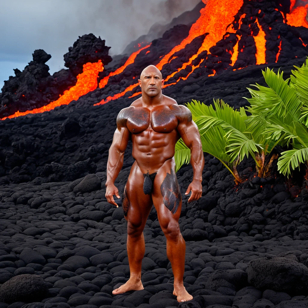 (best quality,4k,highres,masterpiece:1.2),ultra-detailed,(realistic:1.37),WWE superstar The Rock, Lava Demon, lush tropics of Hawaii, rises from a pool of lava, scorches the earth, walks to the sea, volcanic eruptions, intense heat, molten lava, smoldering flames, dramatic landscape, exotic plants, vibrant foliage, towering palm trees, scenic beauty, steam rising, intense red and orange hues, billowing smoke, glowing embers, powerful presence, muscular physique, awe-inspiring, fierce expression, penetrating eyes, chiseled features, lava-like skin texture, lava sparks, fiery aura, searing radiance, epic battle, volcanic energy, primal force, unstoppable, legendary strength, immortal being, otherworldly transformation, volcanic island paradise