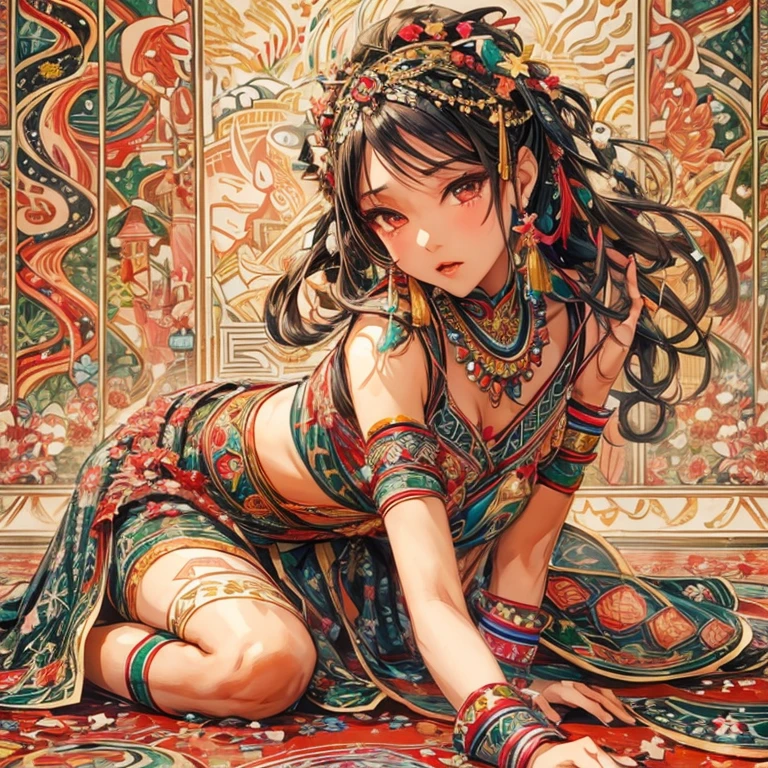 masterpiece of ethnic art flat painting with faint blur. cute avantgarde fashion style. waifu oriental dancer crawling with lower head position in relaxed holiday, downer face bored eyes, slender skinny outfit, glitter simmer atmosphere in dream 