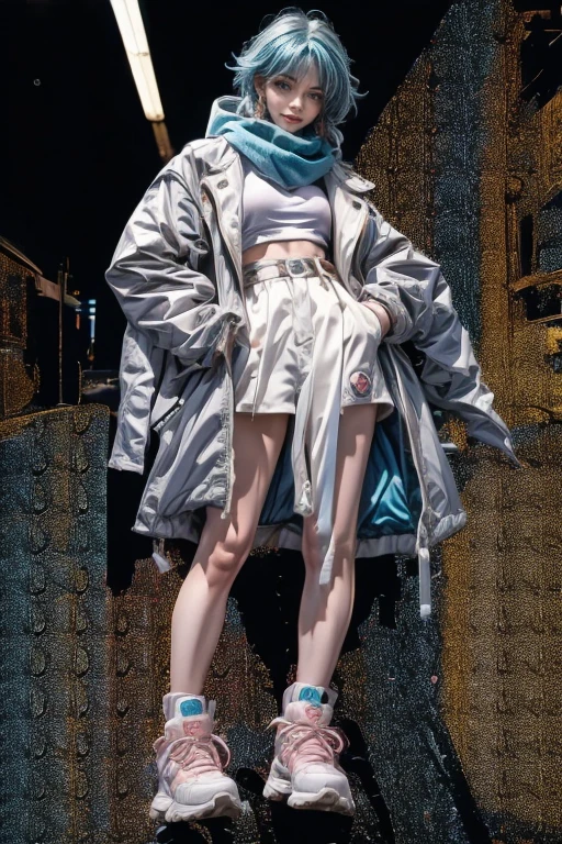 highest quality, Very detailed, masterpiece, 1 person,woman,(((完璧なwomanの体))),Very beautiful face, Very beautiful body,Gentle expression, Very beautiful eyes,(Perfect Makeup:1.1),Fashion Model,Cyberpunk Fashion,Short wolf hair,Shaggy Hair,Fluorescent pink and blue hair:1.3, Very thin body,Smart Abs, Monogram pattern,Gradation,Spacesuit,Two-tone high-top sneakers,A kind smile,Full body portrait,(Street background:1.3), (Shiny skin),(Earrings),scarf,shawl,