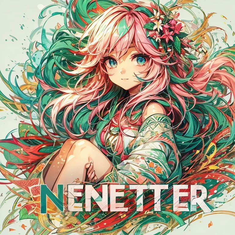 artistic logo text "NENETTER", ethnic art flat painting with faint blur, girl charming in relaxed holiday, in slight colorful glow, waifu cute style, with pink hair