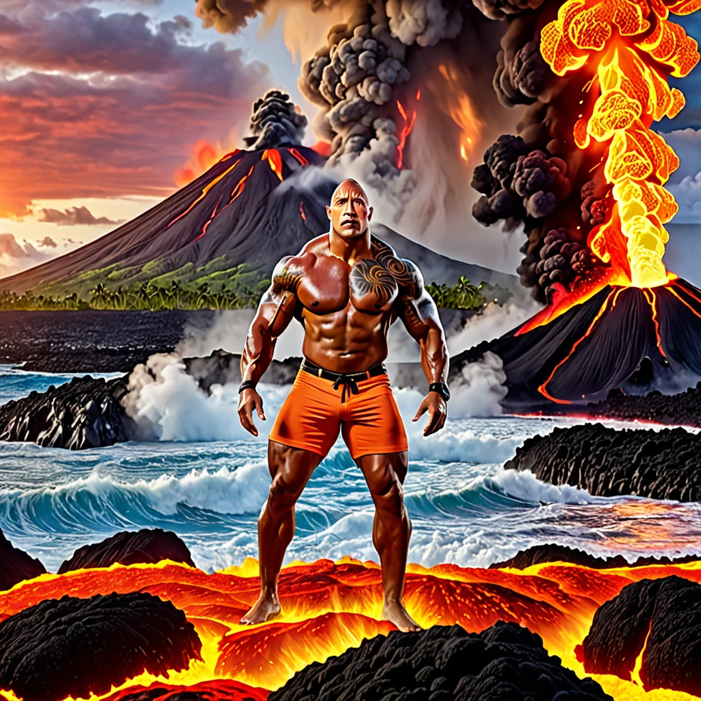 (best quality,4k,highres,masterpiece:1.2),ultra-detailed,(realistic:1.37),WWE superstar The Rock, Lava Demon, lush tropics of Hawaii, rises from a pool of lava, scorches the earth, walks to the sea, volcanic eruptions, intense heat, molten lava, smoldering flames, dramatic landscape, exotic plants, vibrant foliage, towering palm trees, scenic beauty, steam rising, intense red and orange hues, billowing smoke, glowing embers, powerful presence, muscular physique, awe-inspiring, fierce expression, penetrating eyes, chiseled features, lava-like skin texture, lava sparks, fiery aura, searing radiance, epic battle, volcanic energy, primal force, unstoppable, legendary strength, immortal being, otherworldly transformation, volcanic island paradise