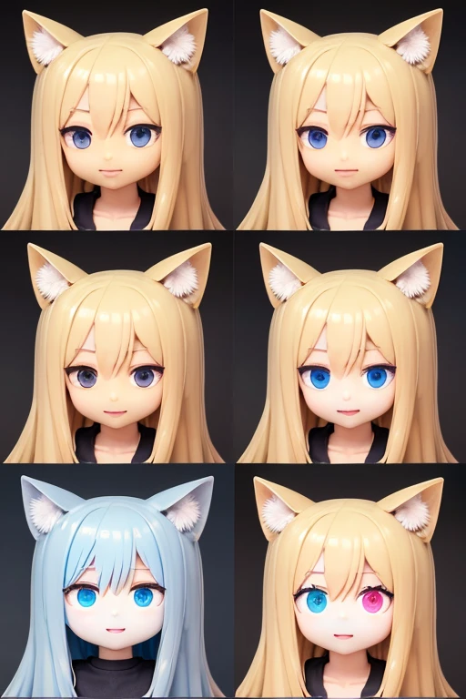 Cat ear doll, Blonde and blue eyed anime girl, Cat girl, eyes in the style of Nendoroid, Nendoroid eyes, style as Nendoroid, water color Nendoroid, Nendoroid, Nendoroid 3 d, Nendoroid, 2 heads, She has a pretty, expressive face, an anime Nendoroid of karl marx, Long Hair