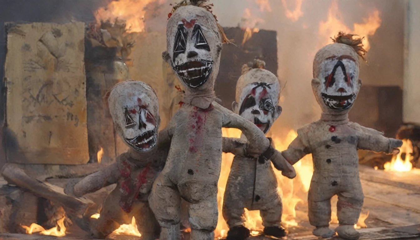 voodstyle, six voodoo clown dolls burning on fire, deep shadows, perfect composition, 