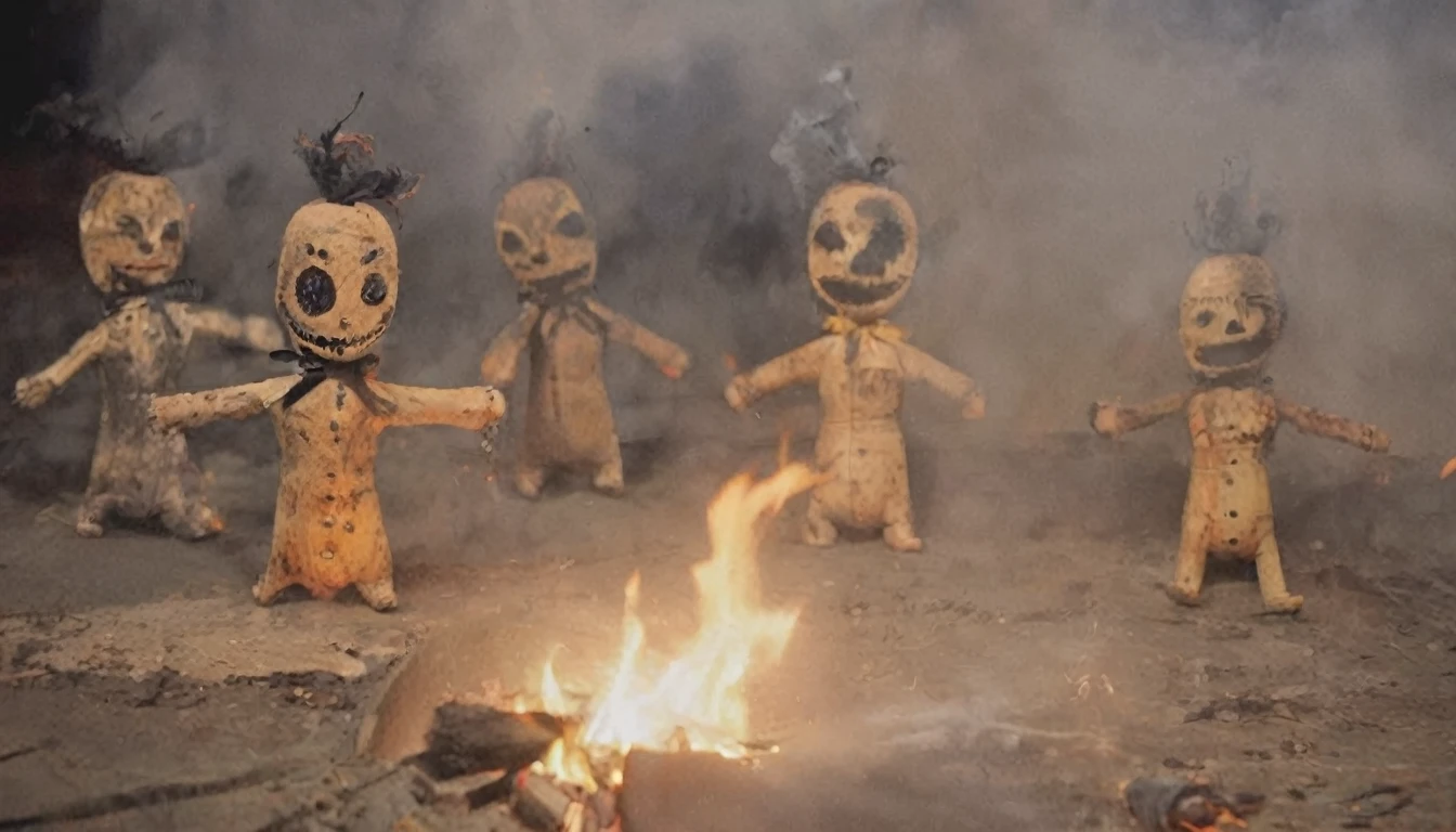 voodstyle, six voodoo clown dolls burning on fire, deep shadows, perfect composition,