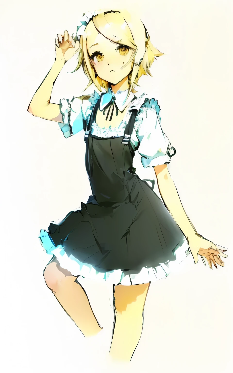 there is a drawing of a girl in a , , Kagamine rin, Maid clothes, Wearing frilly clothes ((Shabby)), ( waitress ) girl, From desire, , whole body portrait of a short!, Rorish, whole body!, In anime style, anime girl in a maid costume