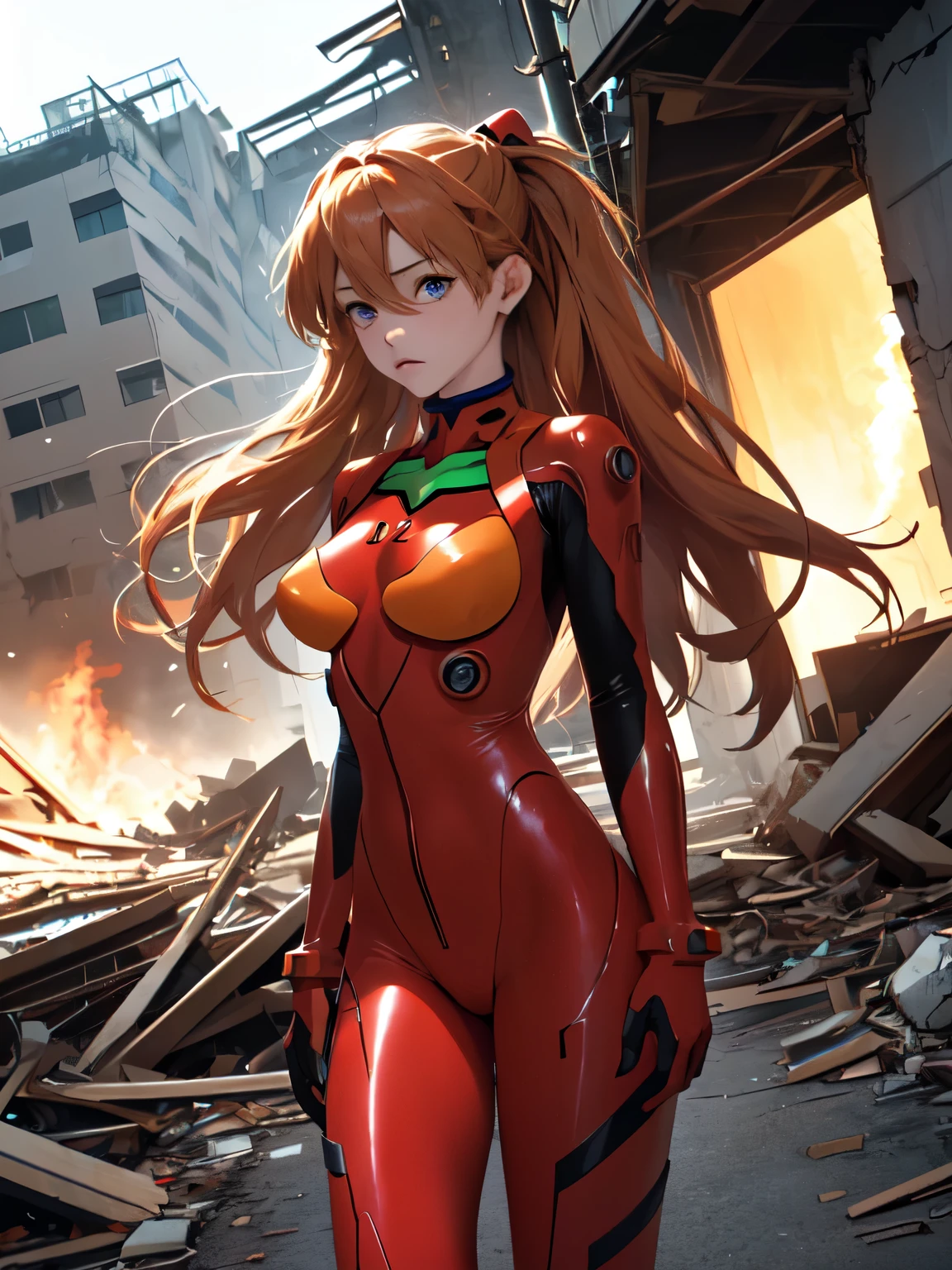 (masterpiece, highest quality), One Girl, Beautiful Face, Beautiful body, souryuu_Asuka_Langley, Plug Suit, Bodysuits, Interface Headset, red Bodysuits, Hair between the eyes, Pilot Suit,((Please show me your whole body:1.5)),  (Amazing details, Excellent lighting, Wide-angle), Destroyed buildings, Dutch Angle, View your viewers