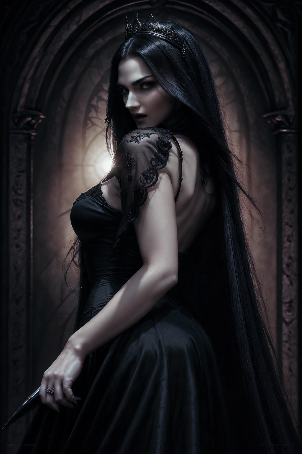 absurdres, ((stunning female Vampire))), goth Renaissance, (long black hair:1.erfect and detailed angular sharp oval shaped face, ((redeyes)), jewelry, red and black tetradic colors, full lips, gothic castle background, (solo), perfect anatomy, approaching perfection, ethereal, intricate details, ultra-high definition, 12k resolution, goth aesthetic, smooth, sharp focus, dreamy, glowing, backlit, glamour, glimmer, fantastical, shadows, smooth, Gothic crown,backwards, looking back perfect hands