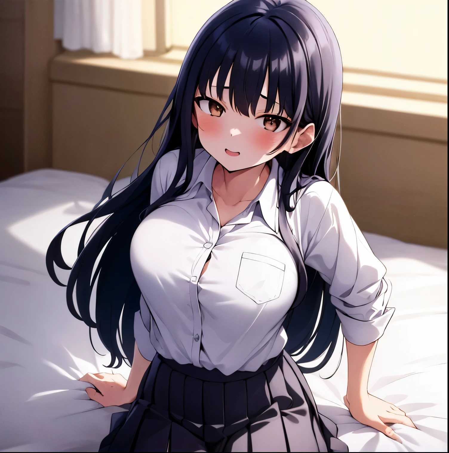 1girl,alone,anna yamada, long hair, bangs, black hair, brown eyes,skirt, shirt, , white shirt, pleated skirt, collared shirt, sweatdrop, blue skirt, pocket, shirt tucked in,indoors, bed, bed room, on side, blush, drunk,looking at viewer, cowboy shot, dutch angle, perfect hands, perfect anatomy,