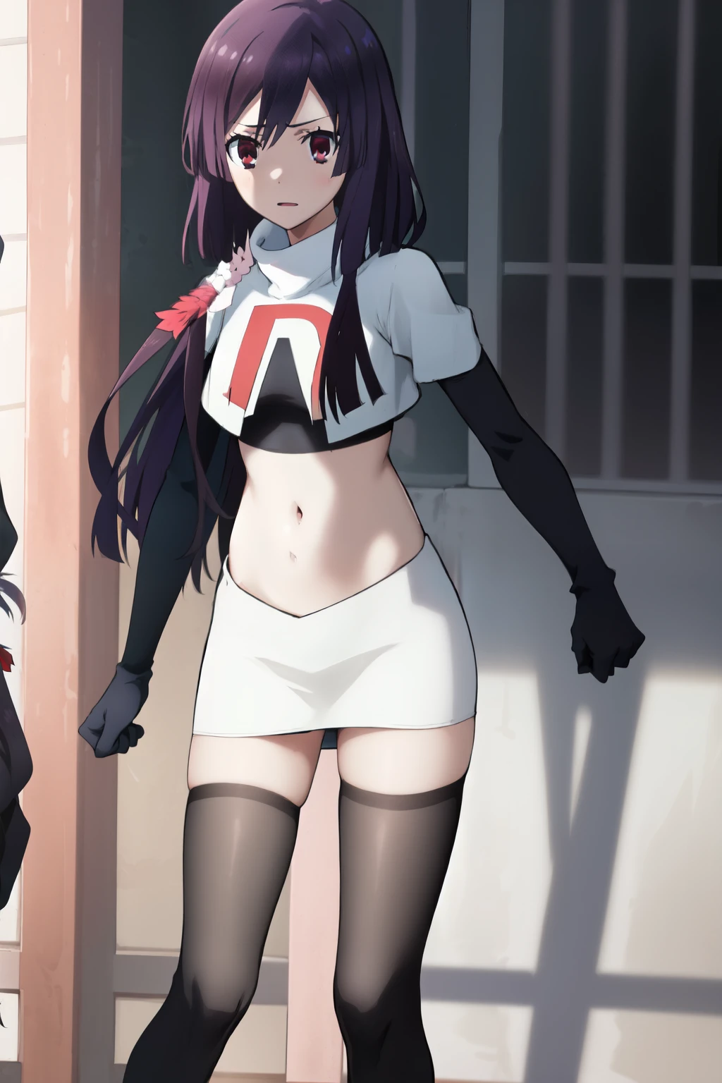 natsume, 1girl, crossdress-hairstyle, magic, highres, absurdres,team rocket,team rocket uniform,white skirt,red letter R,crop top,black thigh-highs,black elbow gloves
