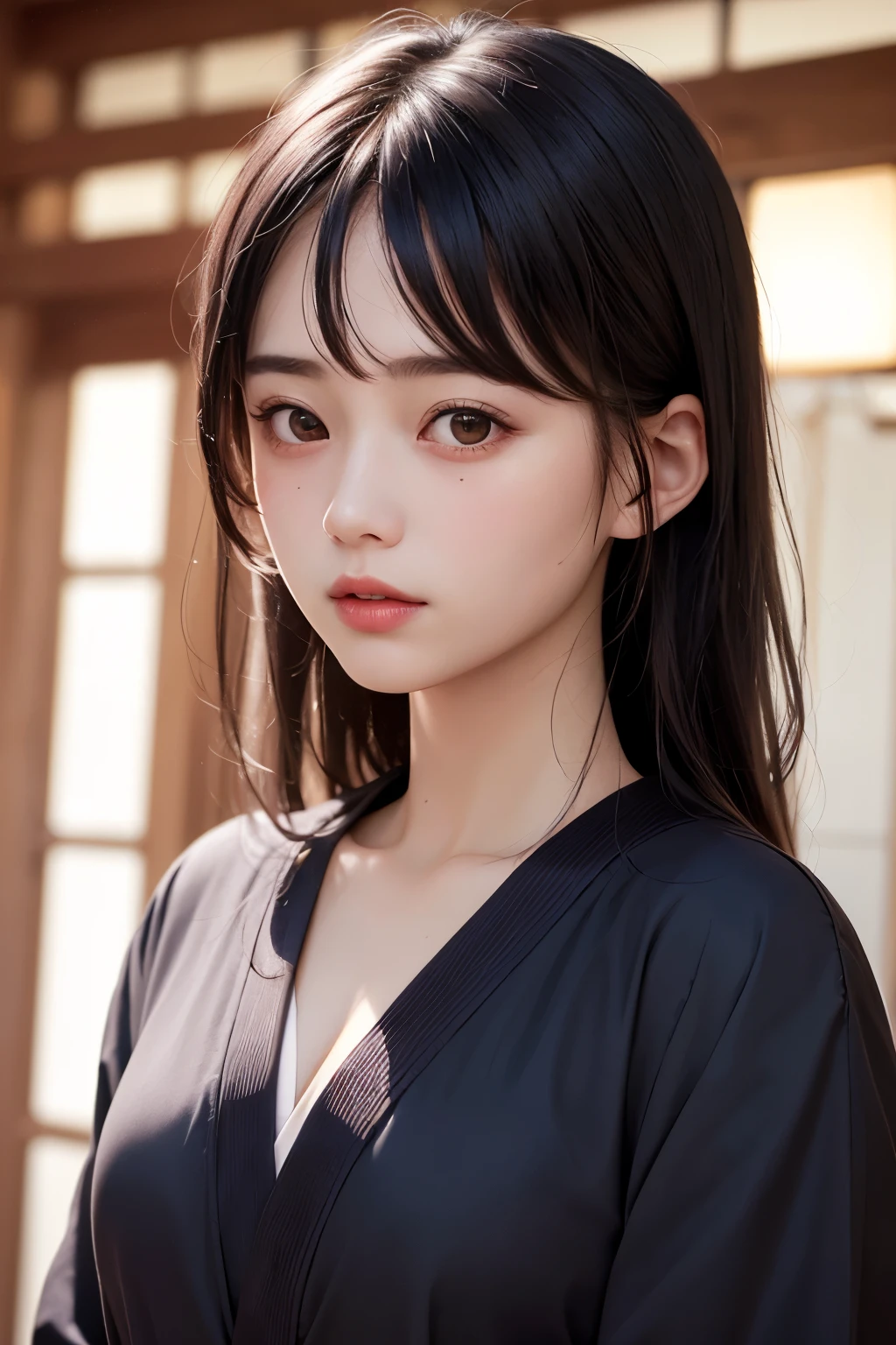 (1 nogizaka girl,raw photo,photo realistic:1.5),(best quality, high quality,HDR, highest quality,ultra high resolution,high resolution,high res,ultra high difinition,huge file size,8K,2K wallpaper,8K wallpaper,high quality texture,amazing,an extremely delicate:1.4),one girl, Japanese famous idol,beautiful face,small face,absurd,ridiculous,incredibly ridiculous,portrait,breasts close up,blurry background,(maid costume,cleavage,no makeup:1.2),medium skin,beautiful skin,detailed skin,small head,black hair,silky hair,(Japanese eyes,round eyes:1.5),detailed eyes,black eyes,Japanese idol eyes,Japanese nose,5-fingers,(eyebrow:-0.5),(Light Particles, Lens Flare, Luminous Particles: 0.7),looking at viewer,bright lighting,professional lighting,girl