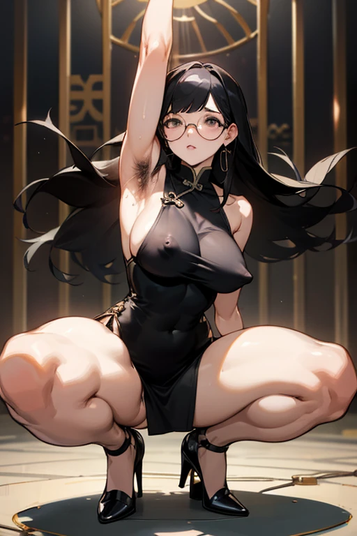 woman,Black Hair、Long Hair、成熟したwoman、Big Lips、 are visible、Large BreastsBreast、Painfulendure、刑務所に排尿するwoman、incontinence、Black tight dress、China dress、Squat positions、Spread your legs、Sweat、High heels、Front of body、bondage、Exposed armpined hands、Underarm hair、Hairy armpits、In the cage、Round Glasses