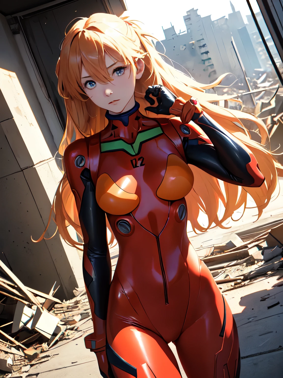 (masterpiece, highest quality), One Girl, Beautiful Face, Beautiful body, souryuu_Asuka_Langley, Plug Suit, Bodysuits, Interface Headset, red Bodysuits, Hair between the eyes, Pilot Suit,((Please show me your whole body:1.5)), (Amazing details, Excellent lighting, Wide-angle), Destroyed buildings, Dutch Angle, View your viewers