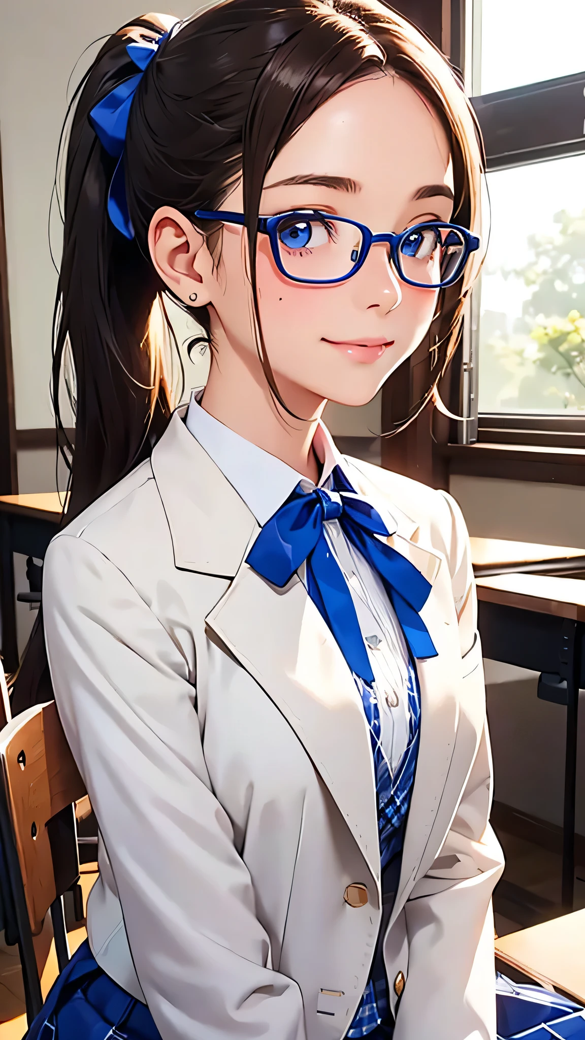 highest quality、Realistic、girl、Japanese、zoom、cute、classroom、Cobalt blue eyes、Light Brown Hair、ponytail、Off-white blazer、White blouse、Ribbon、Blue checked pleated skirt、Face close-up、thin、Small breasts、smile、Glasses、freckles
