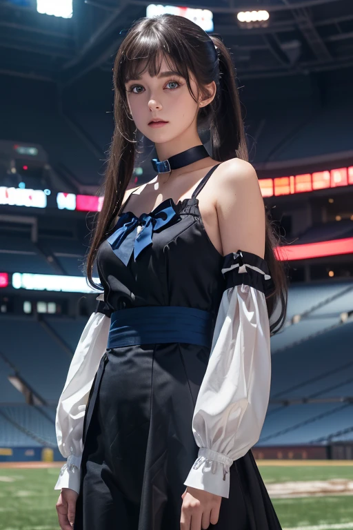 ((Best Quality), ((Masterpiece)), Cinematic lighting, detailed costumes, rich, beautiful girl in formal clothes standing in standing area near empty stadium, 1 girl, solo, looking at viewer, long hair, dark hair, black choker, shirt, blue eyes, ponytail, choker,, white shirt, bow, bangs, blue bow, closed mouth