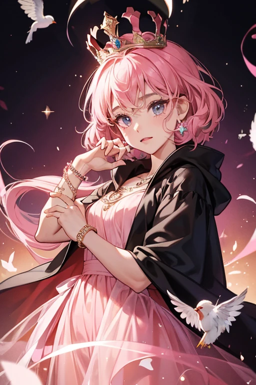 Audrey wears a pink outfit with the top being translucent with swirls, , along with a black cloak and the queen's crown. Her innocent bird rings and bracelets are turned to a darker shade as well. SPARKLE; GLITTER