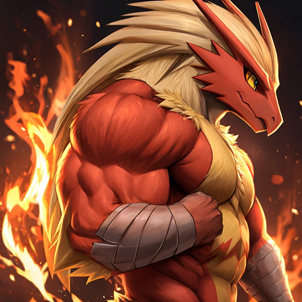 Portrait of Blaziken, Blaziken, arms crossed, profile, fire, muscular,