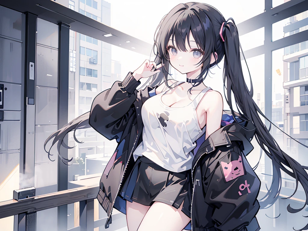 masterpiece,anime style,chibi,sexy girl,black hair,shoulder length hair with two pigtails,black jacket,with headphones,lo fi background,smiling,big breasts,listening to music,waiting on the right side of the image,showing cleavage,full body,standing,black t-shirt,gray eyes,