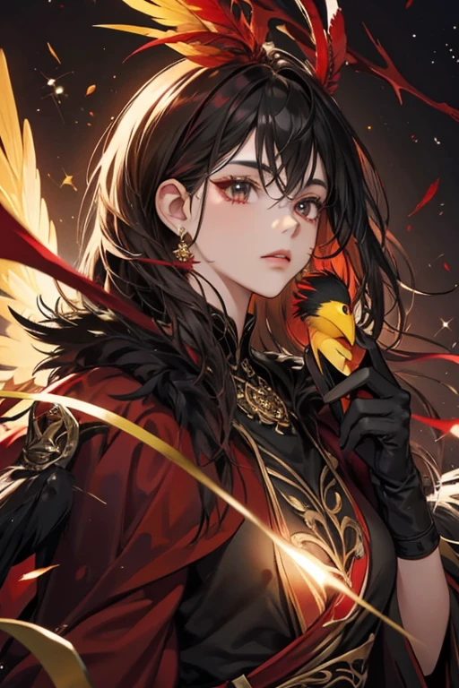 dark crimson feathers with lighter shades, black eyes, and a yellow beak. SPARKLE; GLITTER