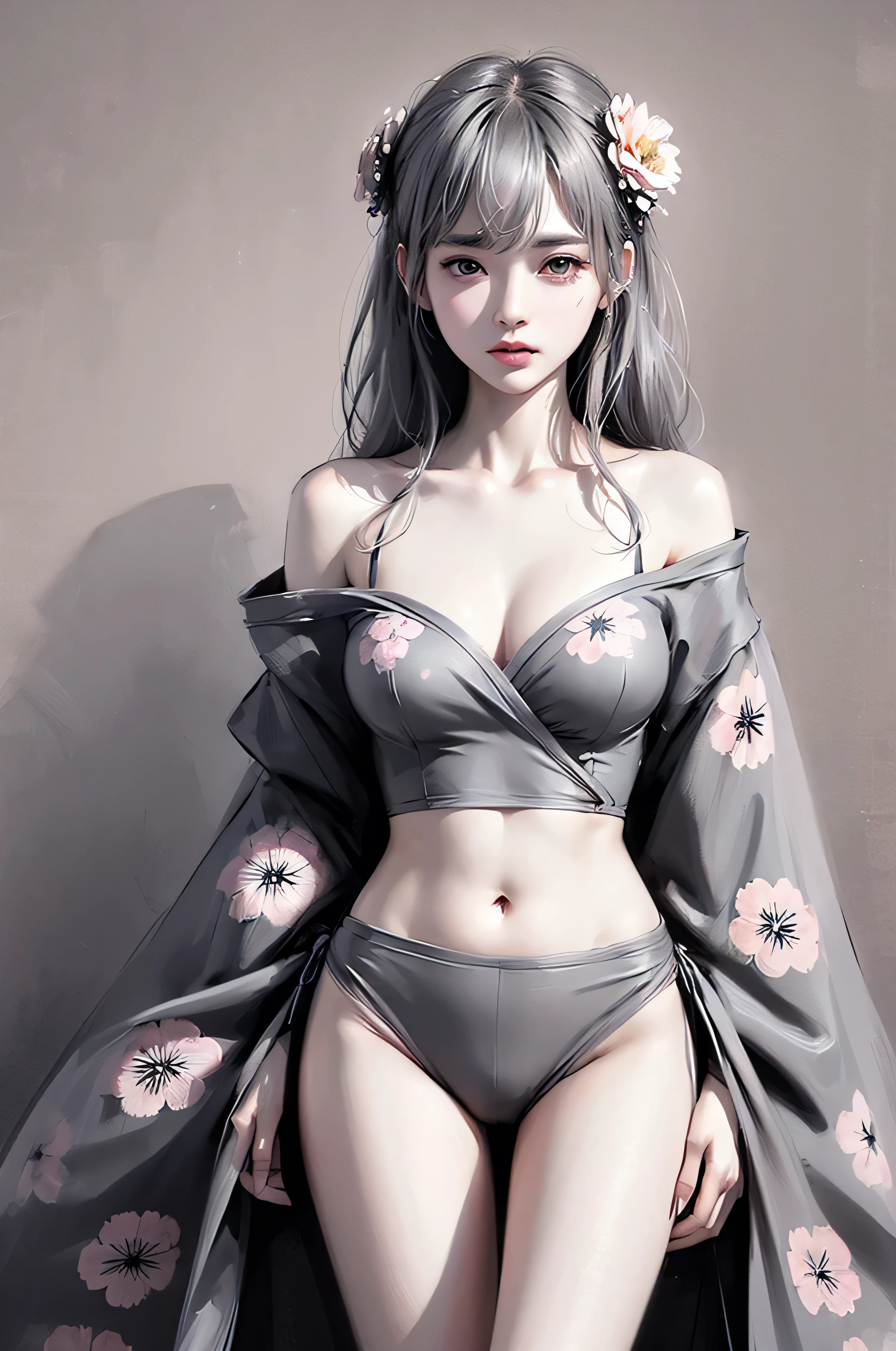 One girl,(Half :1.35)(((gray floral background:1.3)))、highest quality, Tabletop, High resolution, (((One Girl))), 18-year-old,(((Eyes are grey:1.3)))、Gray kimono、((Beautiful Gray Kimono)), Tyndall effect, Realistic, Shadow Studio,Ultramarine Lighting, Dual Tone Lighting, (High Definition Skins: 1.2)、Pale colored lighting、Dim lighting、 Digital SLR, photograph, High resolution, 4K, 8k, Background Blur,Fade out beautifully、Pink flower world